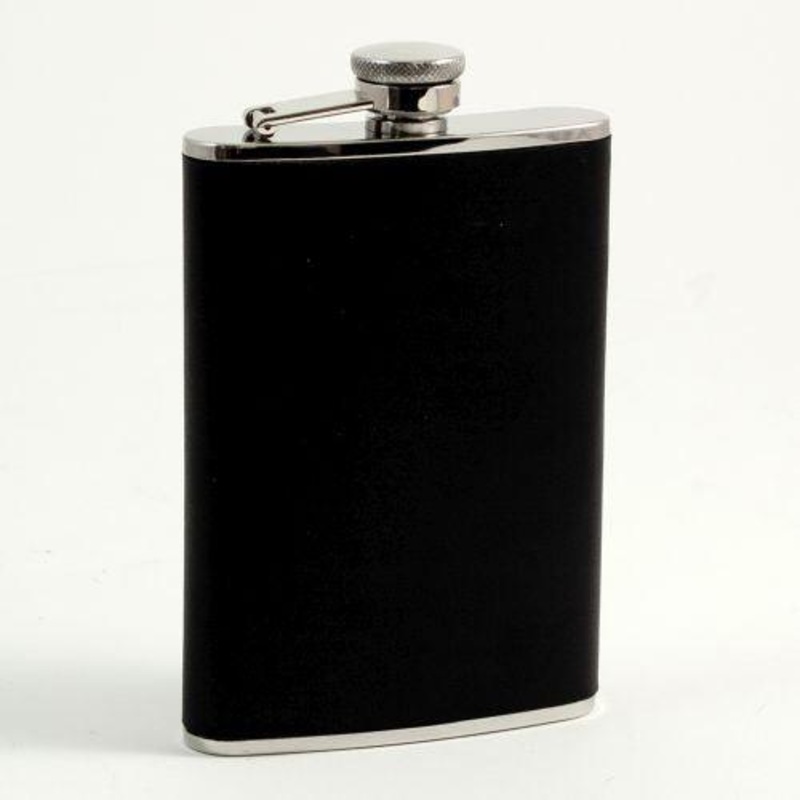 Bey Berk 8 Oz. Stainless Steel Black Leather Flask