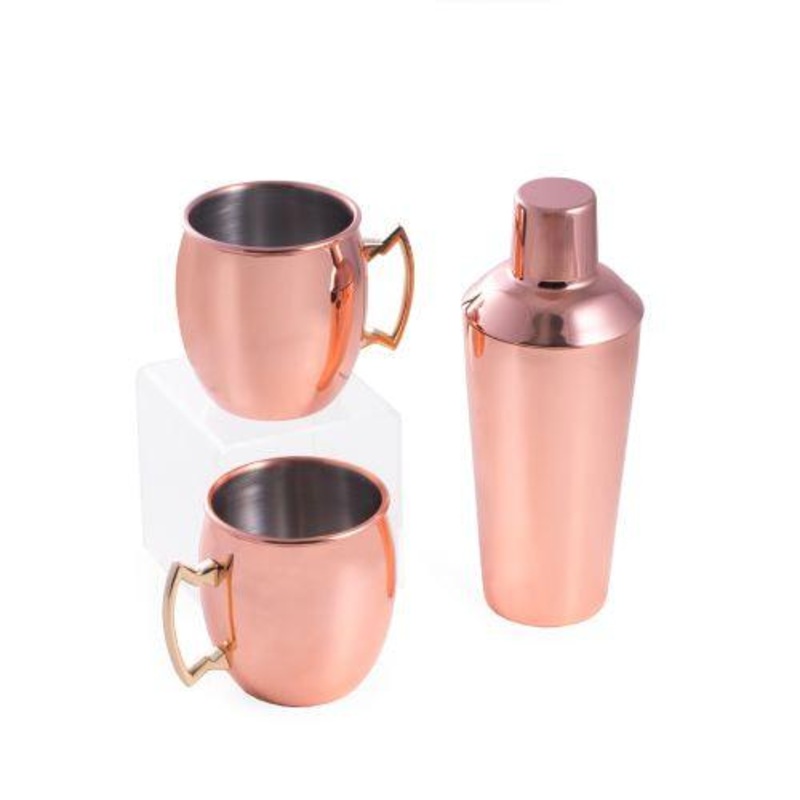Bey Berk Copper Plated Stainless Steel Shaker and 2 Tankards