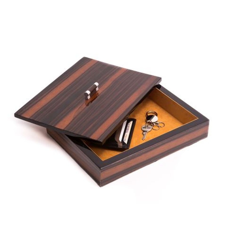 Bey Berk Ebony Lacquered Burl Wood Tray With Cover