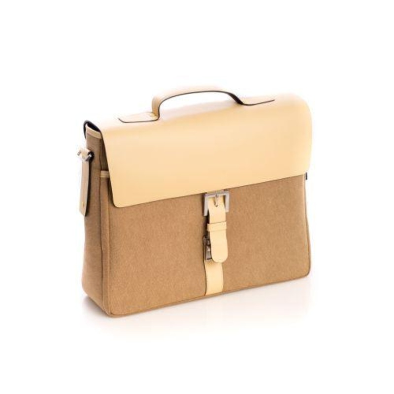 Bey Berk Ivory Leather & Khaki Fabric Briefcase