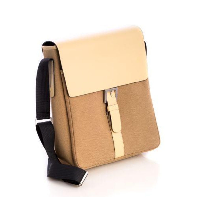 Bey Berk Ivory Leather & Khaki Fabric Messenger Bag