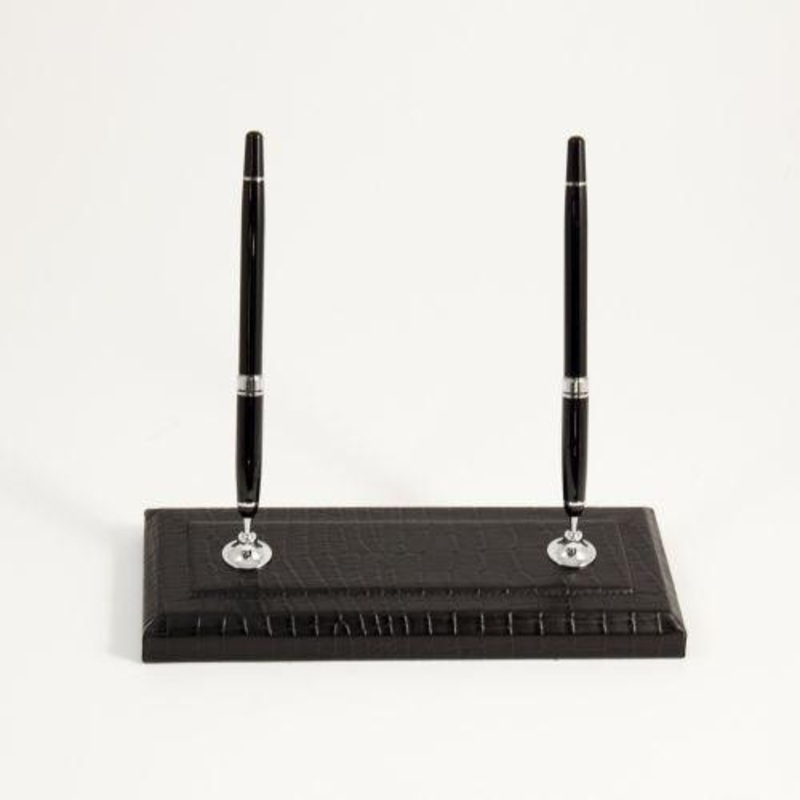 Black Croco Leather Double Pen Stand, Gold Plated Accents
