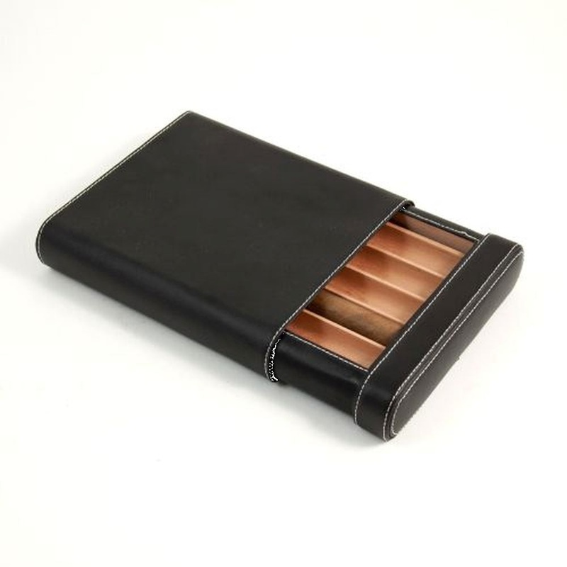 Black Leather Five Cigar Case With Spanish Cedar Lining