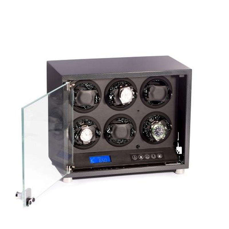 Carbon Fiber Finish 6 Watch Winder With Locking Glass Door