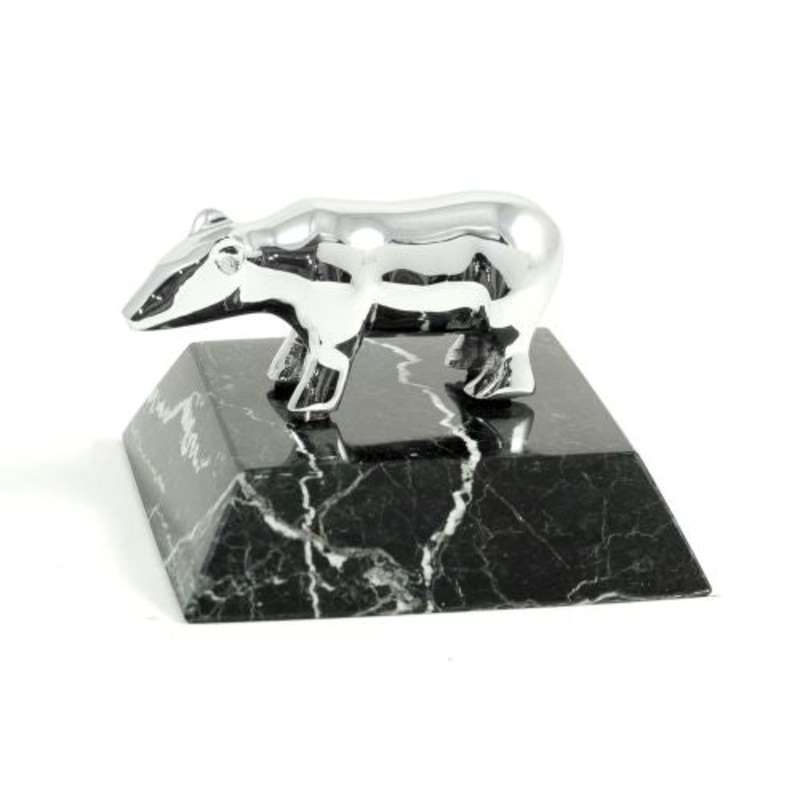Chrome Plated Bear Paperweight On Black Zebra Marble Base