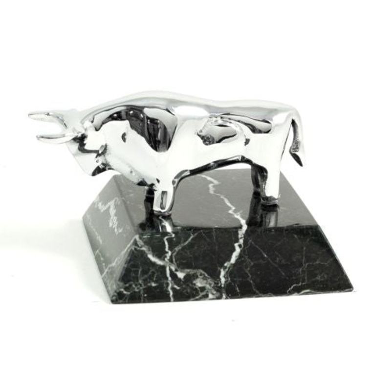 Chrome Plated Bull Paperweight On Black Zebra Marble Base