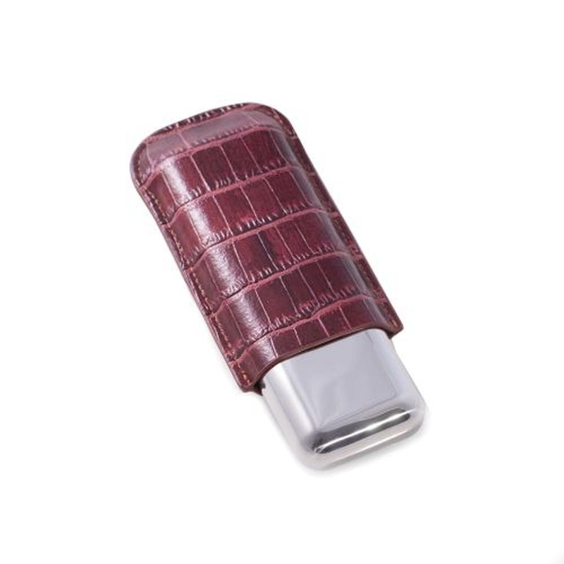 Croco Brown Leather & Stainless Steel Two Cigar Holder