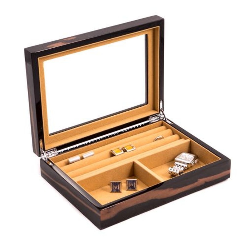 Ebony Lacquered Burl Wood Valet Box With Glass Top