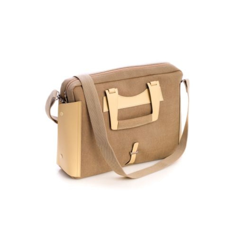 Ivory Leather & Khaki Fabric Briefcase, Computer Compartment