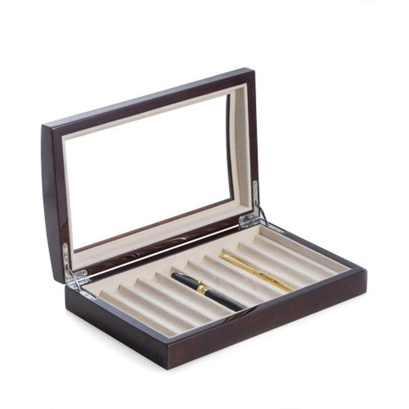 Lacquered Burl Wood 10 Pen Box With Glass Top & Velour