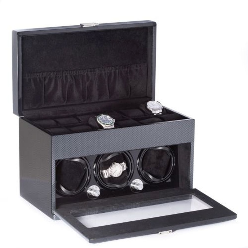 Lacquered Carbon Fiber Steel Gray 3 Watch Winder & Storage