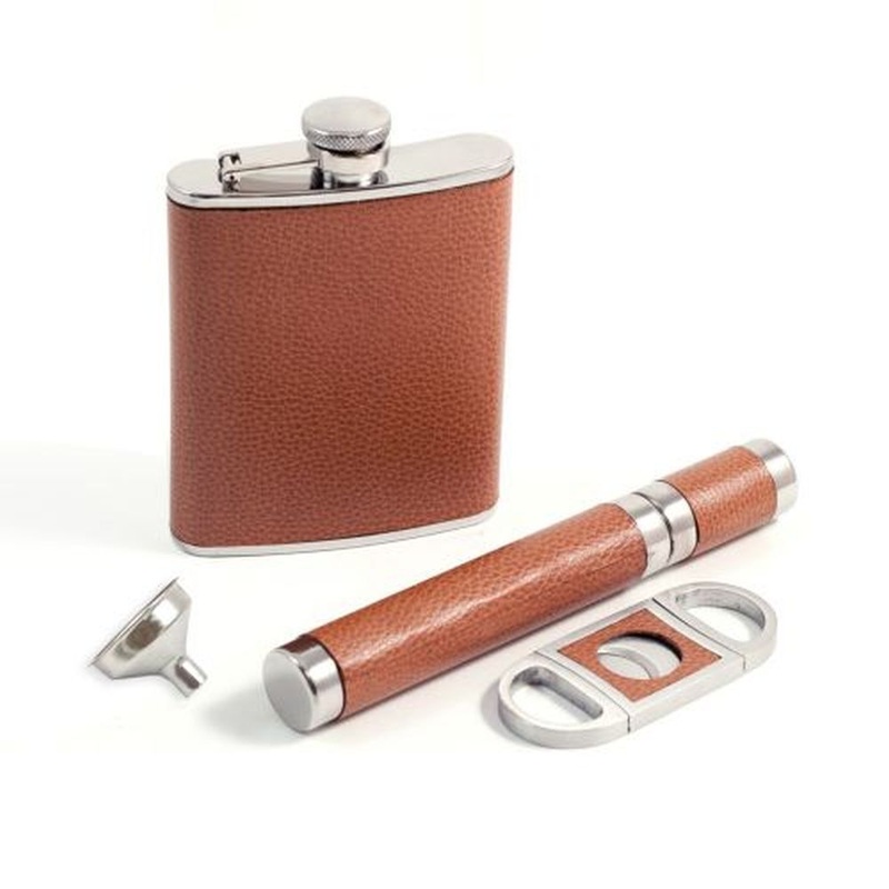Leather Stainless Steel Flask, Funnel,Cigar Holder & Cutter
