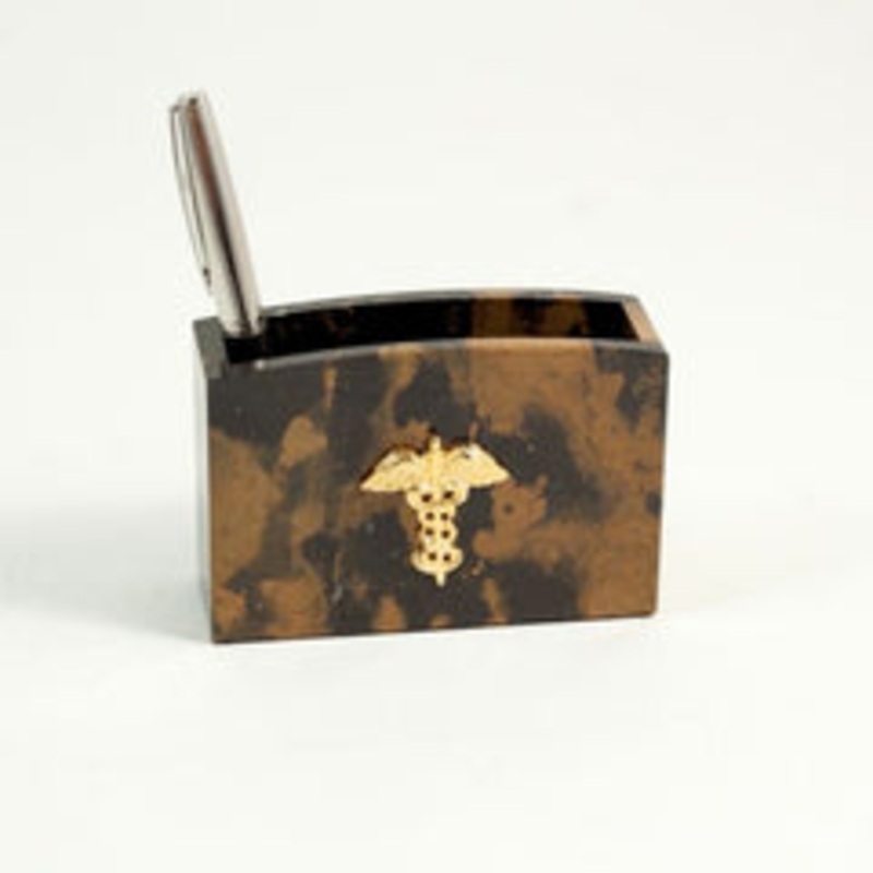 Medical, Tiger Eye Marble Pen Cup With Gold Plated Accents