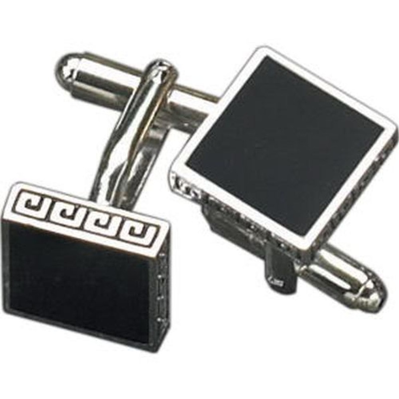 Rhodium Plated Cufflinks With Square Navy Blue Enamel Design