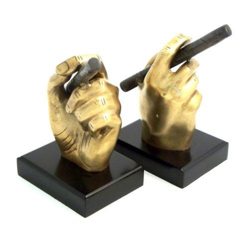 Antique Brass Cigar In Hand Bookends On Black Wood Base