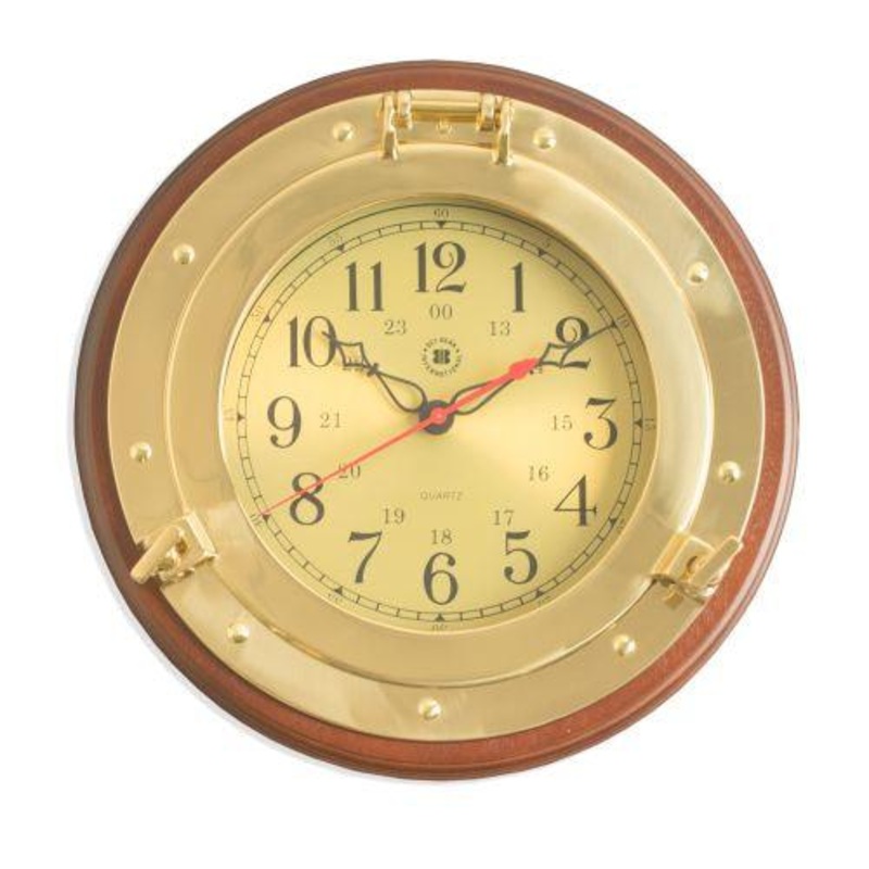 Bey Berk Brass Porthole Quartz Clock On Dark Cherry Wood