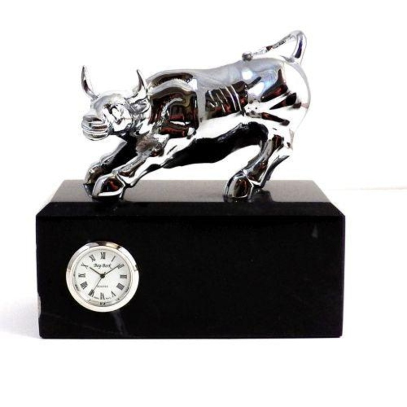 Bey Berk Chrome Bull On Black Marble Base With Quartz Clock