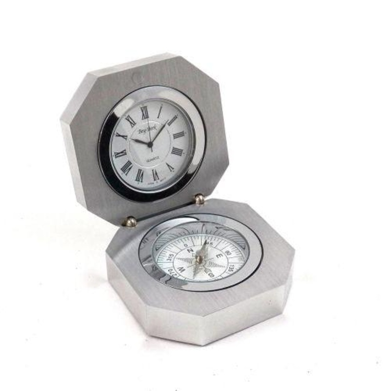 Bey Berk Compass And Clock In Stainless Steel Hinged Case