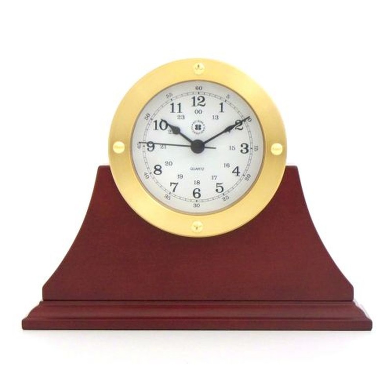 Bey Berk Gold Tone Round Quartz Clock On Mahogany Base