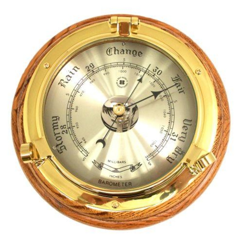 Bey Berk Lacquered Brass Porthole Barometer On Oak Wood