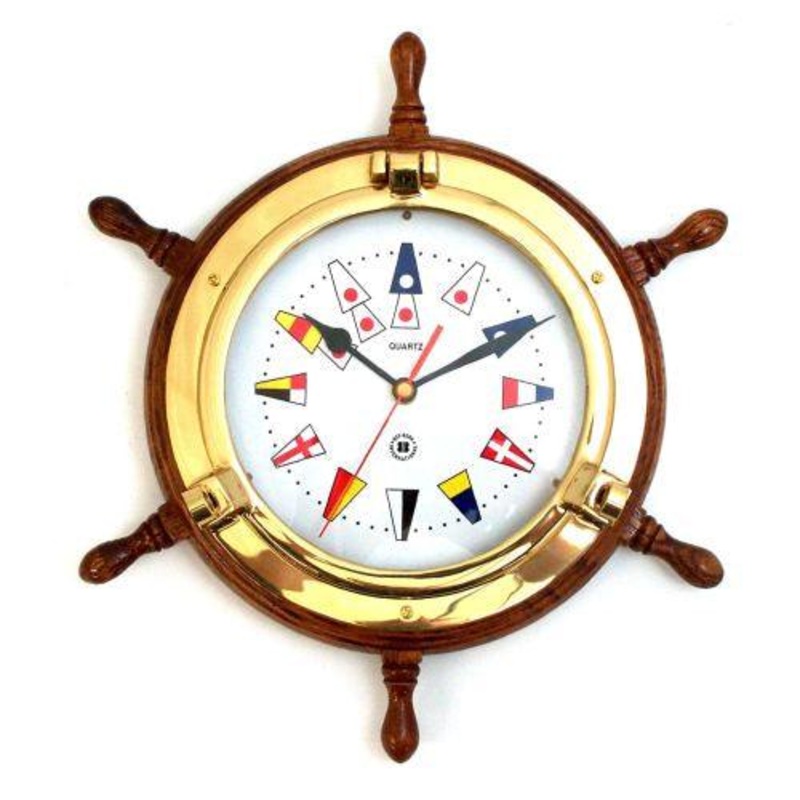 Bey Berk Lacquered Brass Porthole Clock On Oak Ship’s Wheel