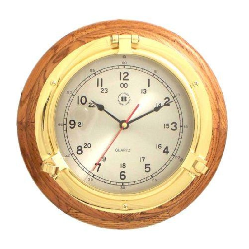 Bey Berk Lacquered Brass Porthole Quartz Clock On Oak Wood