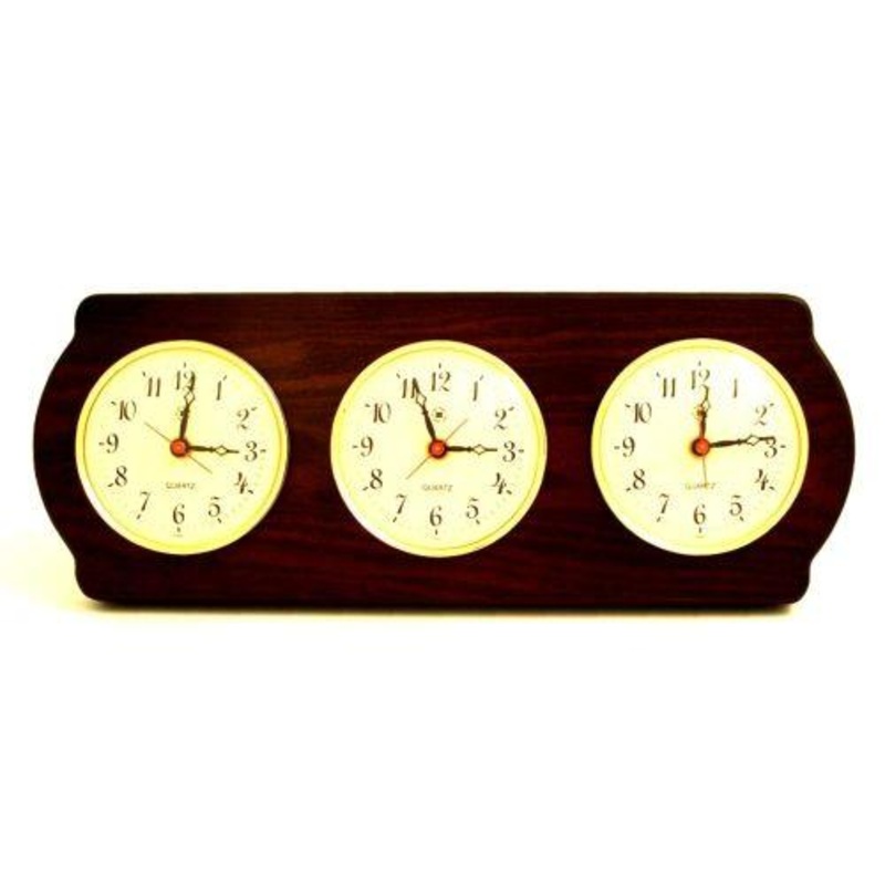 Bey Berk Triple Quartz Clock On Ash Wood With Brass Bezel