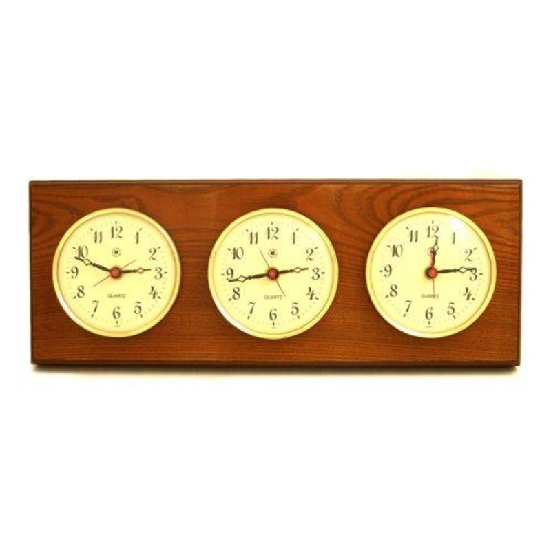 Bey Berk Triple Quartz Clock On Oak Wood With Brass Bezel