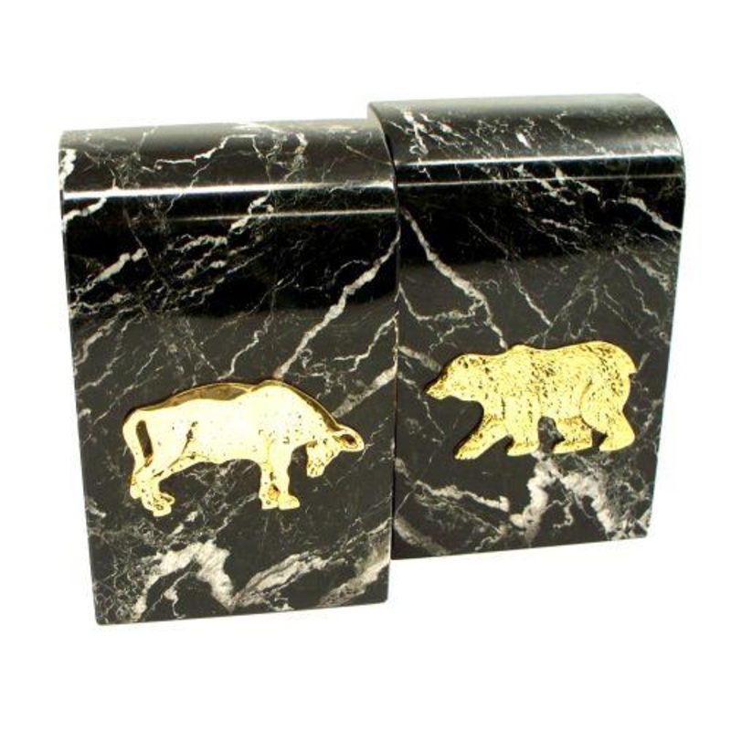 Black Zebra Marble Stock Market Bookends Antique Gold Emblem