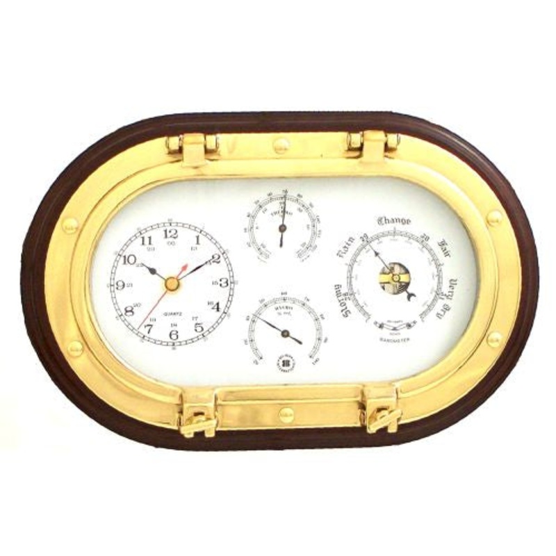 Brass Clock, Barometer, Therm & Hygrometer On Mahogany