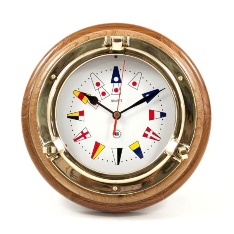Brass Porthole Quartz Clock With Nautical Flags Dial Face