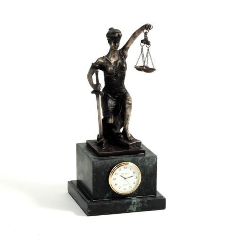 Bronze Kneeling Lady Justice With Quartz Clock, Marble Base
