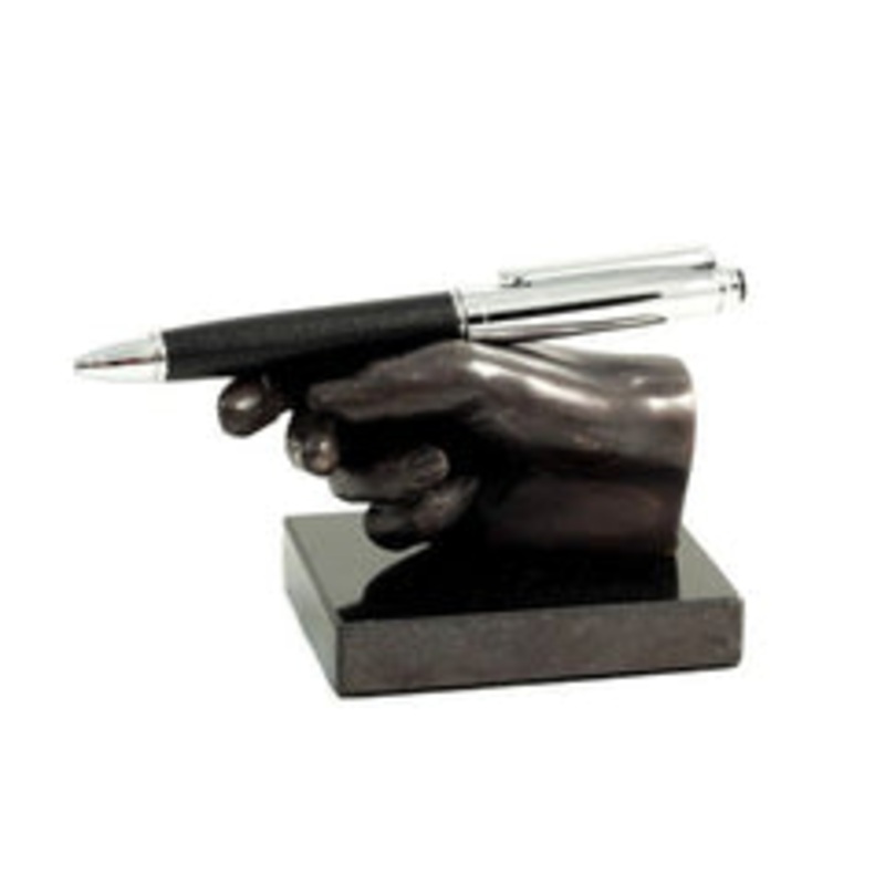 Bronzed Finished Hand Pen Holder On Black Marble Base