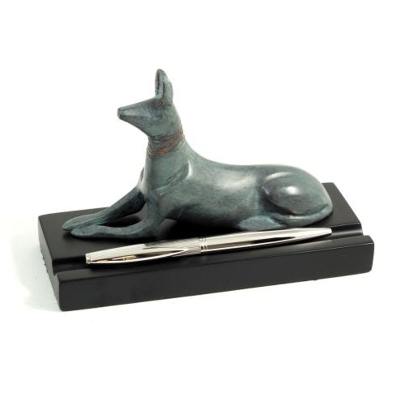 Egyptian Blue Patina Finish Dog Pen Holder, Black Wood Base