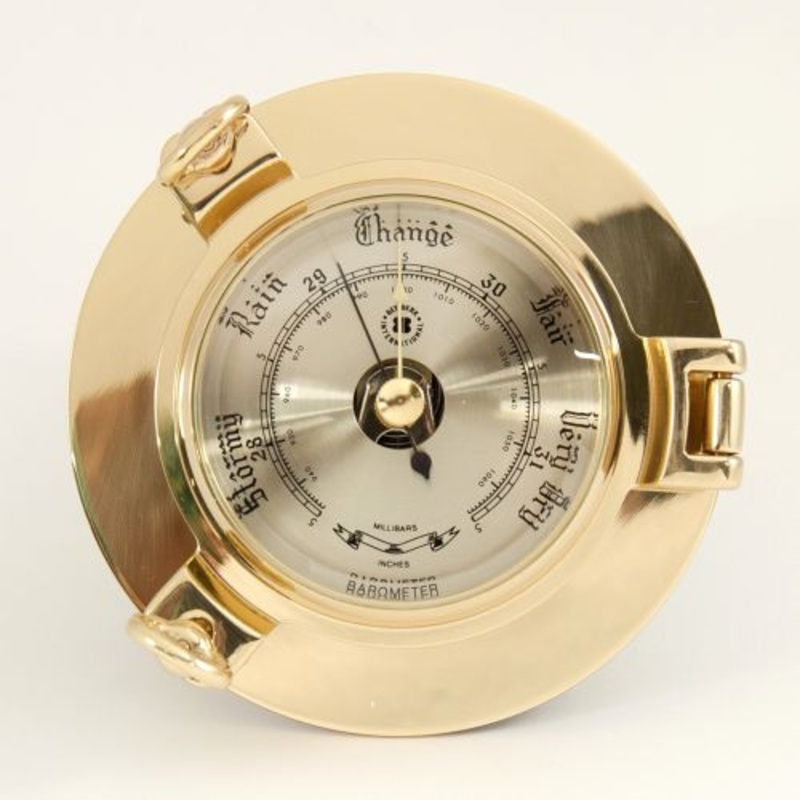 Lacquered Brass Porthole Barometer With Beveled Glass