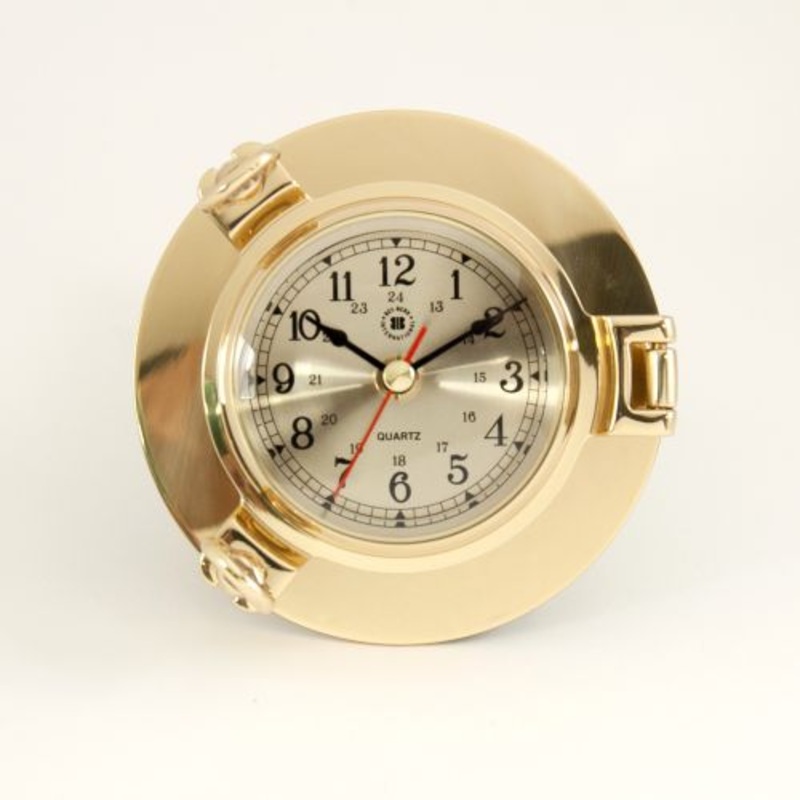 Lacquered Brass Porthole Quartz Clock With Beveled Glass