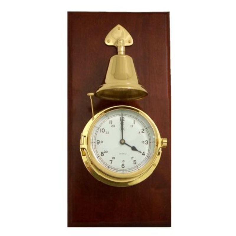 Lacquered Brass Porthole Quartz Striking Bell Clock-Mahogany