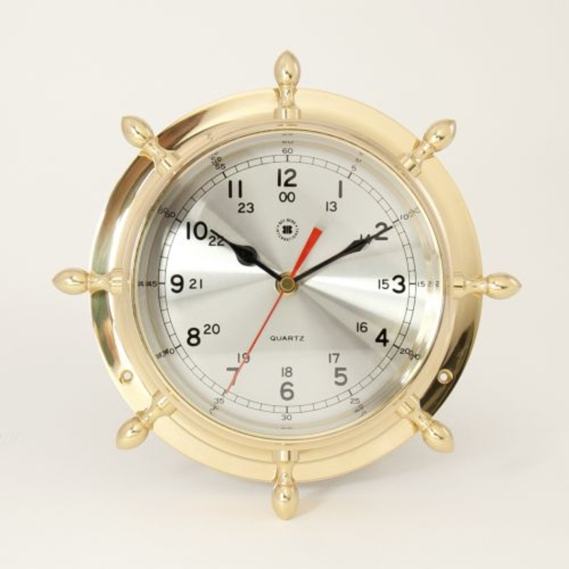 Lacquered Brass Ship’s Wheel Quartz Clock With Beveled Glass