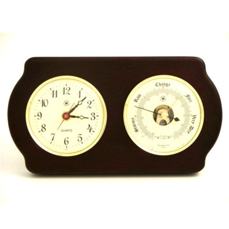 Quartz Clock & Barometer On Ash Wood With Brass Bezel