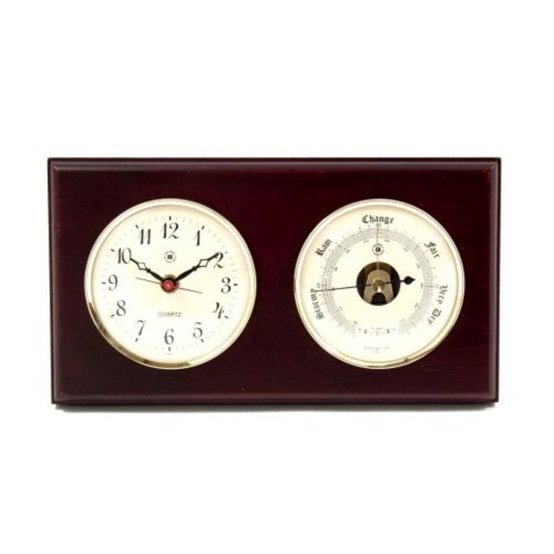 Quartz Clock & Barometer On Mahogany Wood With Brass Bezel