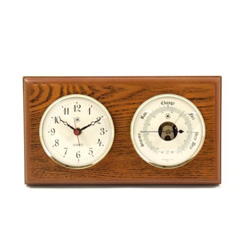 Quartz Clock & Barometer On Oak Wood With Brass Bezel