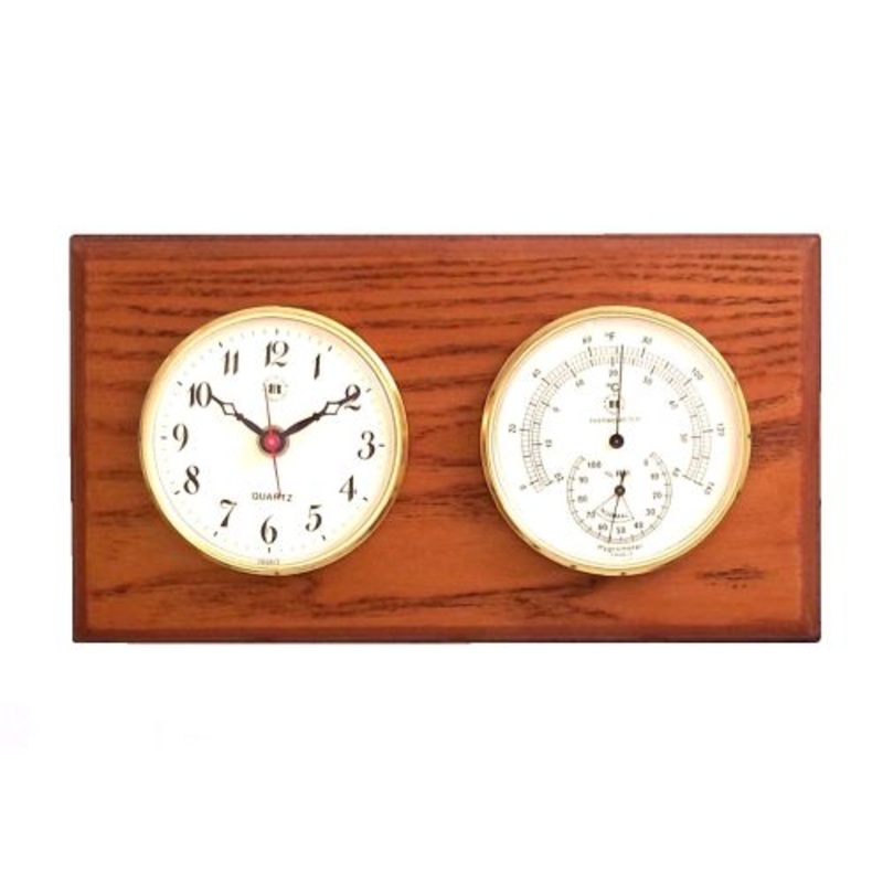 Quartz Clock & Thermometer With Hygrometer On Oak Wood