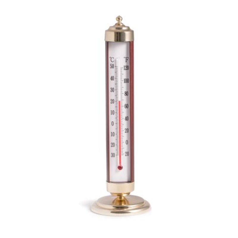 Teak Wood Finished Desktop Thermometer With Brass Accents