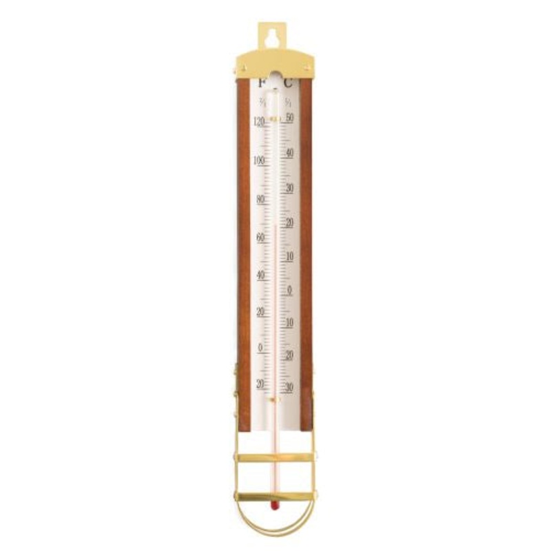 Teak Wood Finished Wall Mount Thermometer With Brass Accents