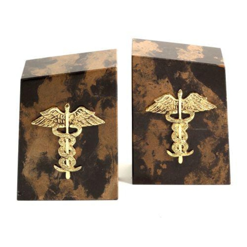 Tiger Eye Medical Marble Bookends With Gold Plated Emblem