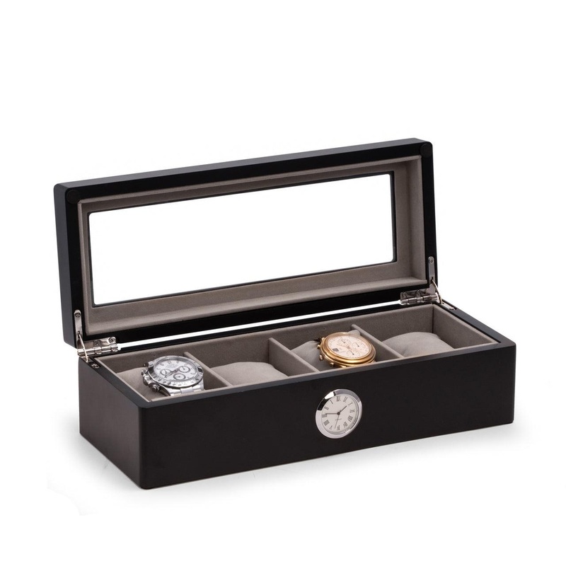 Bey Berk Wood Four Watch Box w/ Quartz Movement Clock