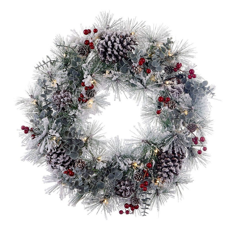 Kurt Adler 24 Battery-Operated LED Flocked Red Berries and Pinecone Wreath