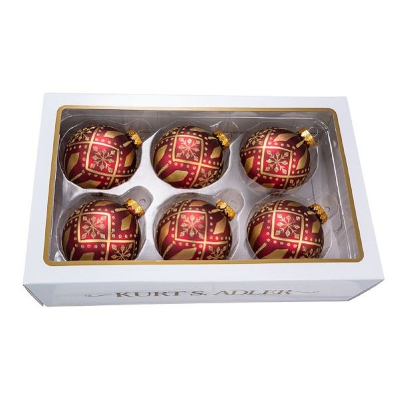 Kurt Adler 80Mm Burgundy And Gold Patterned Glass 6 Ball Ornaments