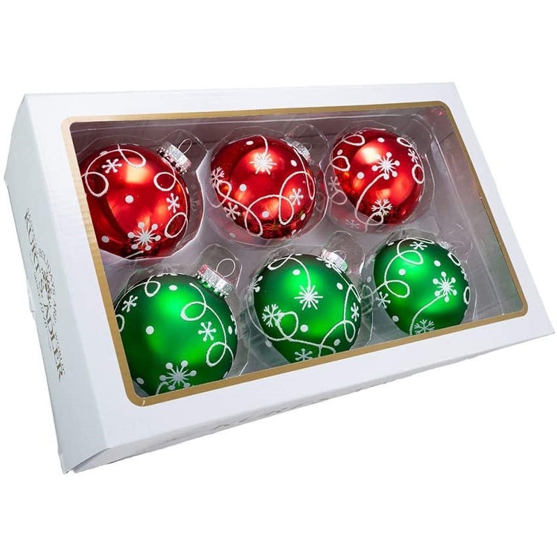 Kurt Adler 80Mm Red & Green W/ White Swirl Design Glass 6  Ornaments