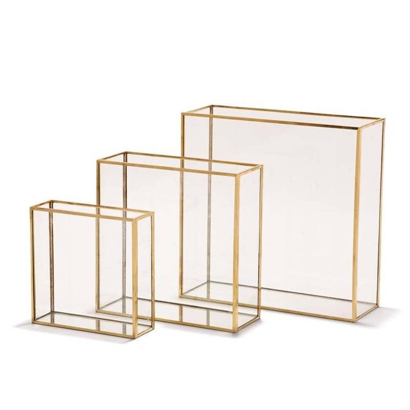 Two’s Company Windows Set of 3 Square Vases With Gold Metal Trim In 3 Sizes